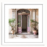Abstract art print of a minimalistic French door design in black and white, framed with a white mat.