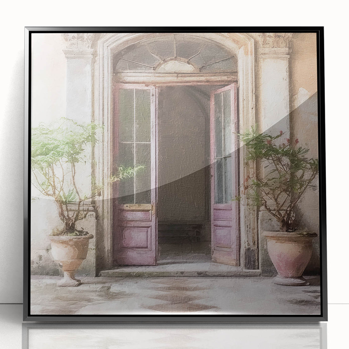 Large abstract wall art featuring a mid-century modernist door design in black and white acrylic.