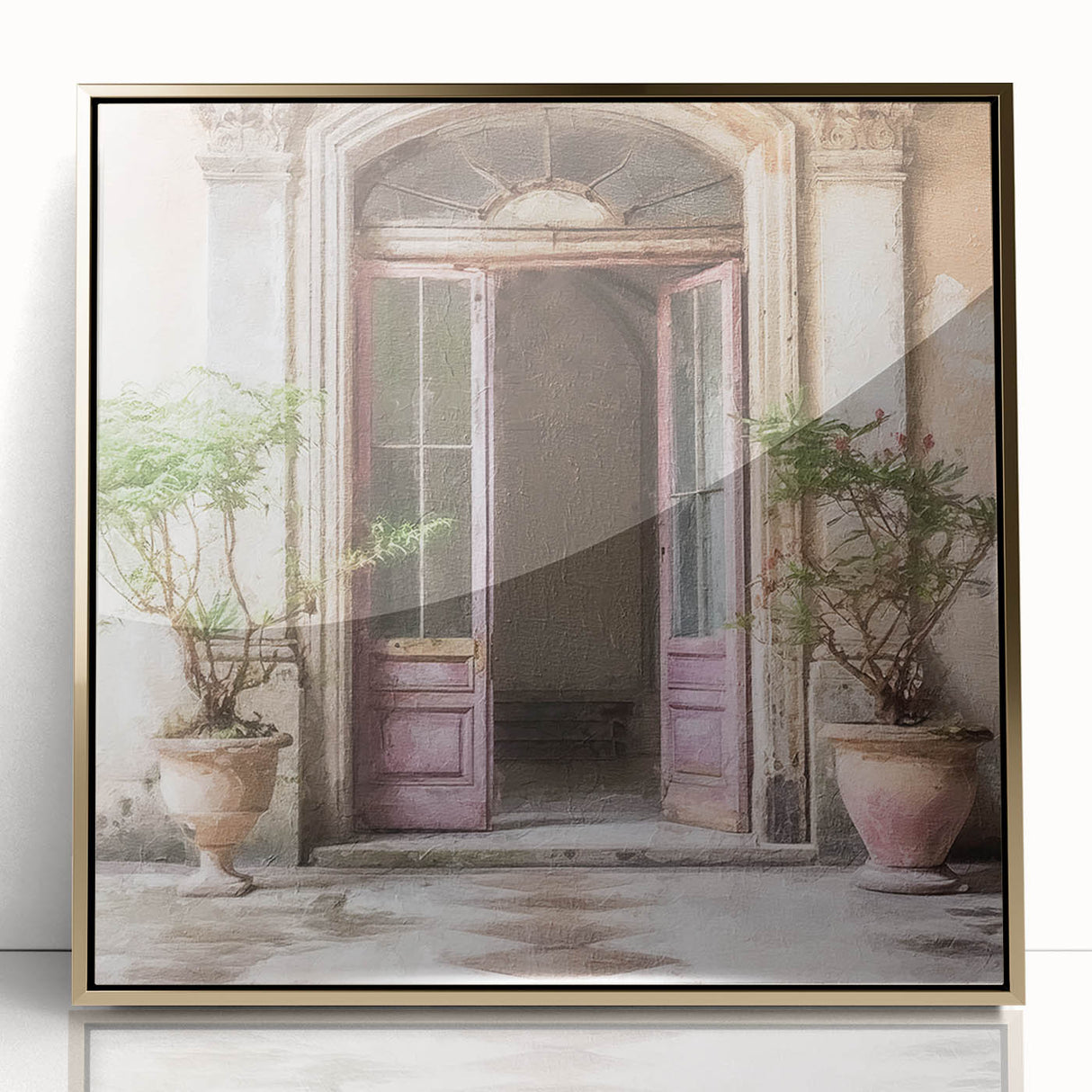 Large art print of a French door architecture in gold tones on framed acrylic, suitable for modern art wall decor or nursery.