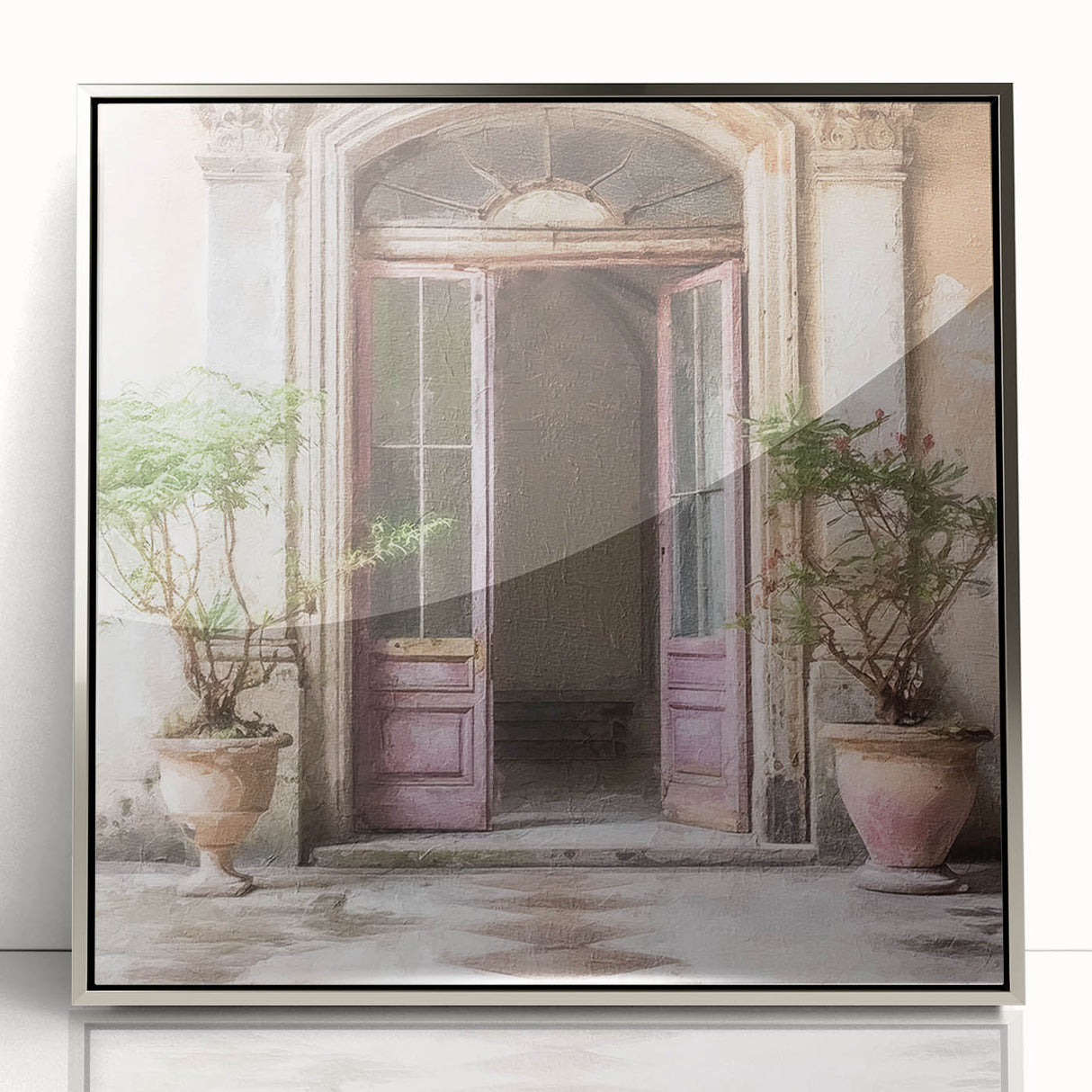 Mid-century modernist art of a French door architecture in silver acrylic frame, ideal for nursery wall decor.