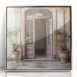 Mid-century modernist art of a French door architecture in silver acrylic frame, ideal for nursery wall decor.