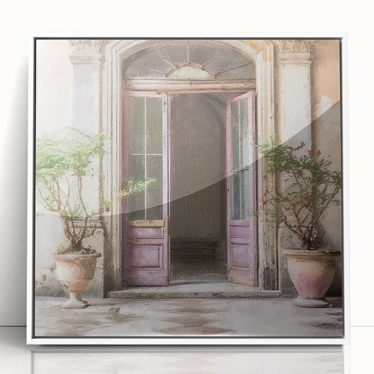 Art Deco style poster of an ornate French door, framed in white acrylic, ideal for modern nursery decor.