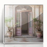 Art Deco style poster of an ornate French door, framed in white acrylic, ideal for modern nursery decor.