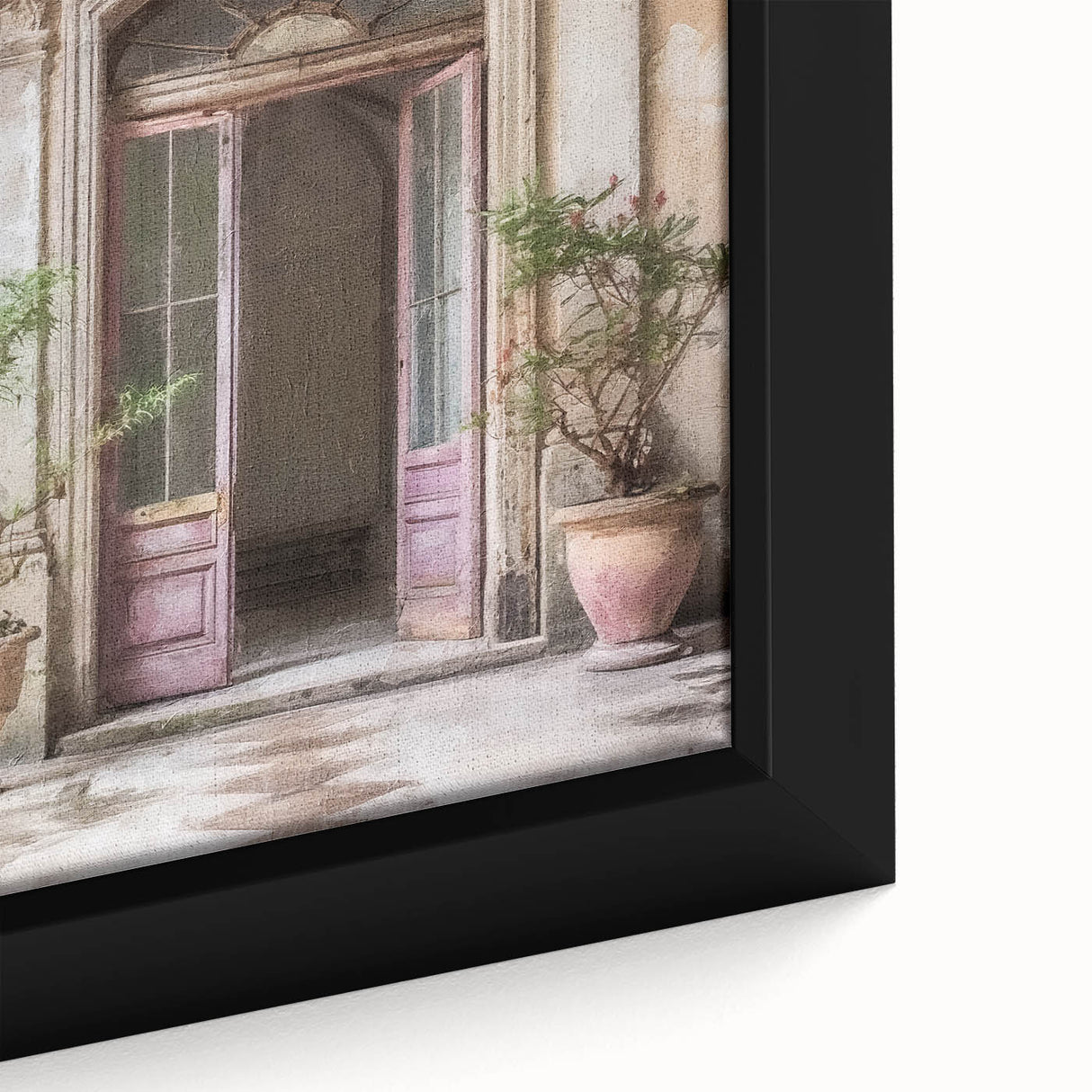 Close-up of a large framed canvas featuring a textured image of a black French door surrounded by colorful, abstract designs.