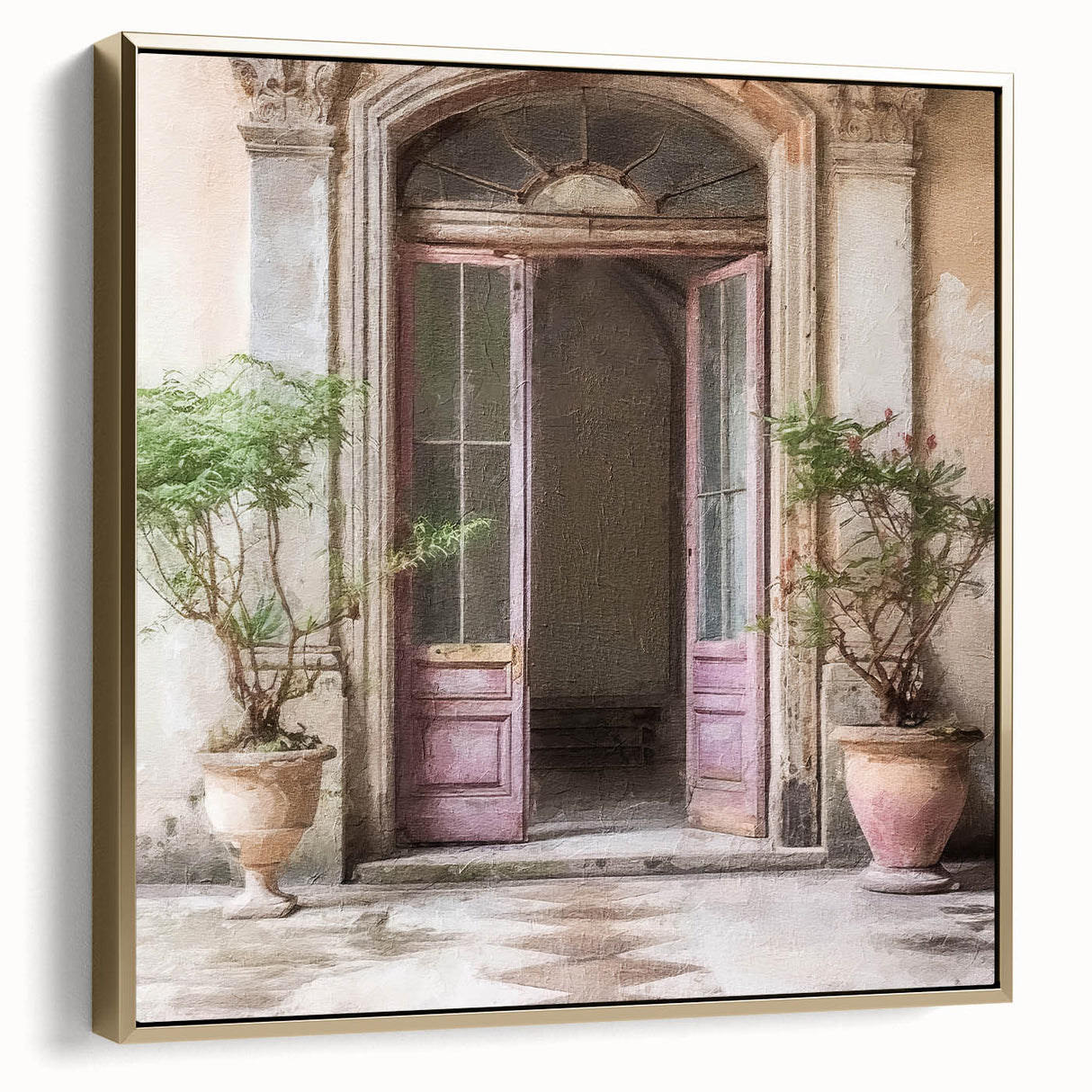 Framed canvas of a vintage-style black and silver door, ideal for bedroom wall art.