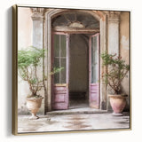 Framed canvas of a vintage-style black and silver door, ideal for bedroom wall art.