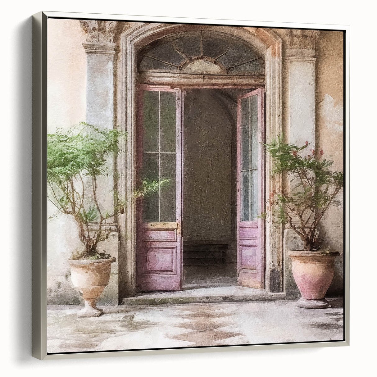 Landscape art painting of a French door in silver frame on canvas.