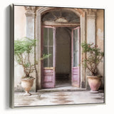 Landscape art painting of a French door in silver frame on canvas.