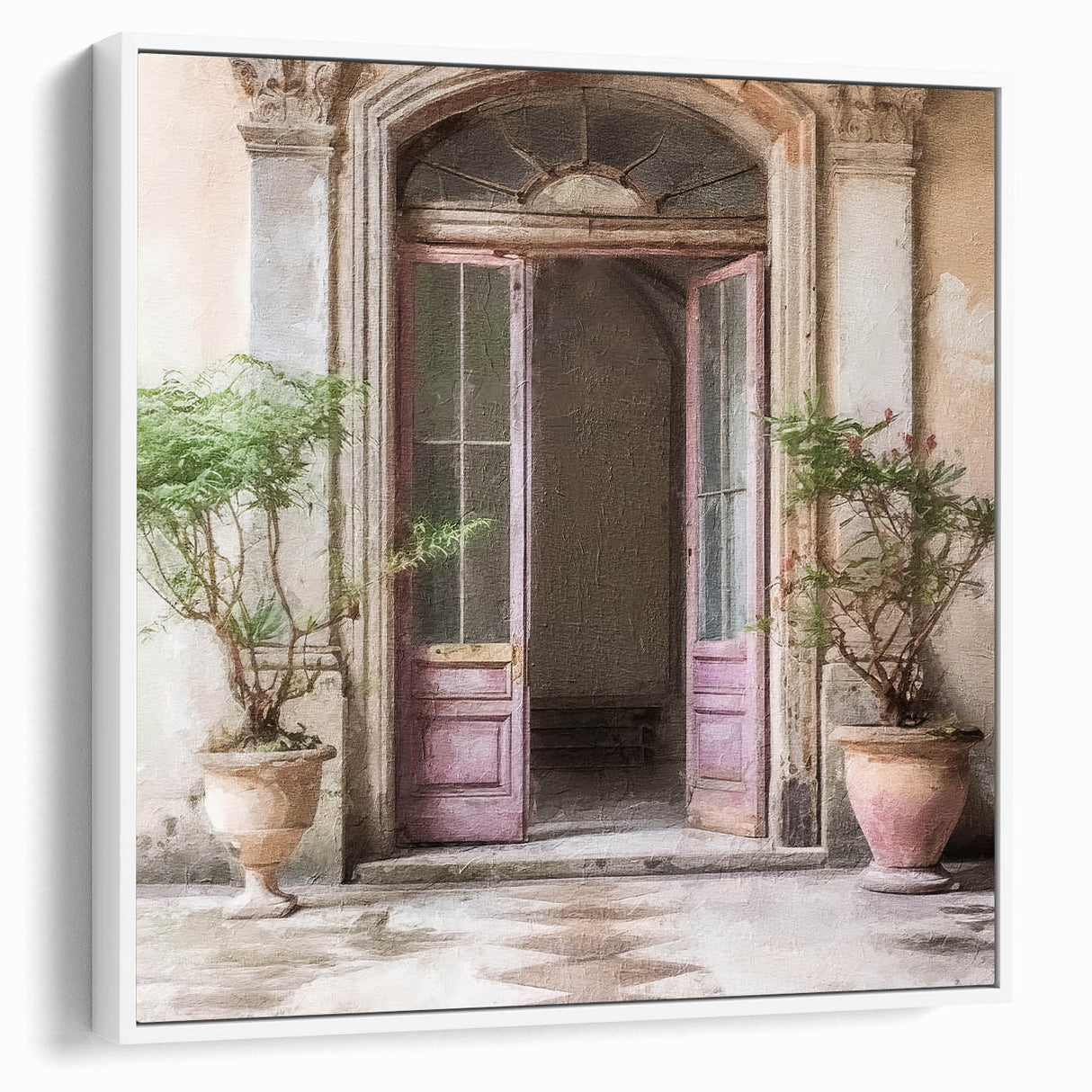 Vintage poster art of a French door, framed on canvas, featuring black and colorful tones, ideal for living room decor.