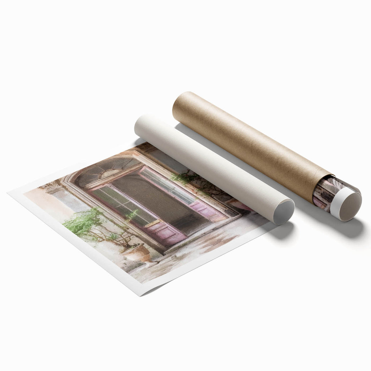 Extra large rolled print of a French door design with floral details, ideal for classy bathroom wall art.