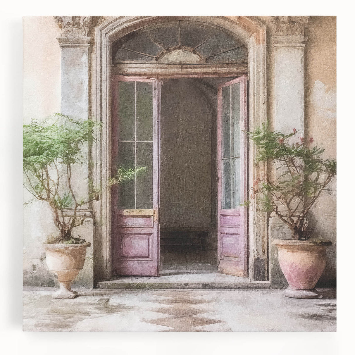 Black and white photograph of an ornate French door on stretched canvas, ideal for kitchen wall art.