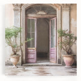Black and white photograph of an ornate French door on stretched canvas, ideal for kitchen wall art.