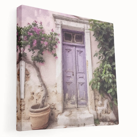 A side view of a large stretched canvas showing a Greek door design in neutral tones, suitable for kitchen wall art.