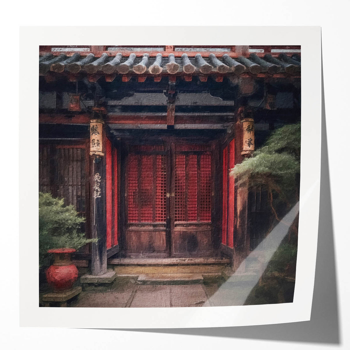 Japanese door design in muted earth tones on glossy photo print.