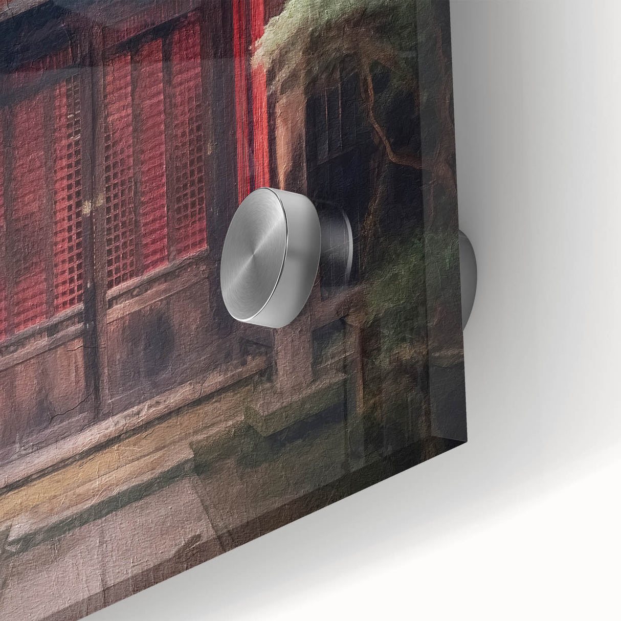 Mid-century modernist large abstract wall art of a Japanese door in muted earth tones on acrylic glass.