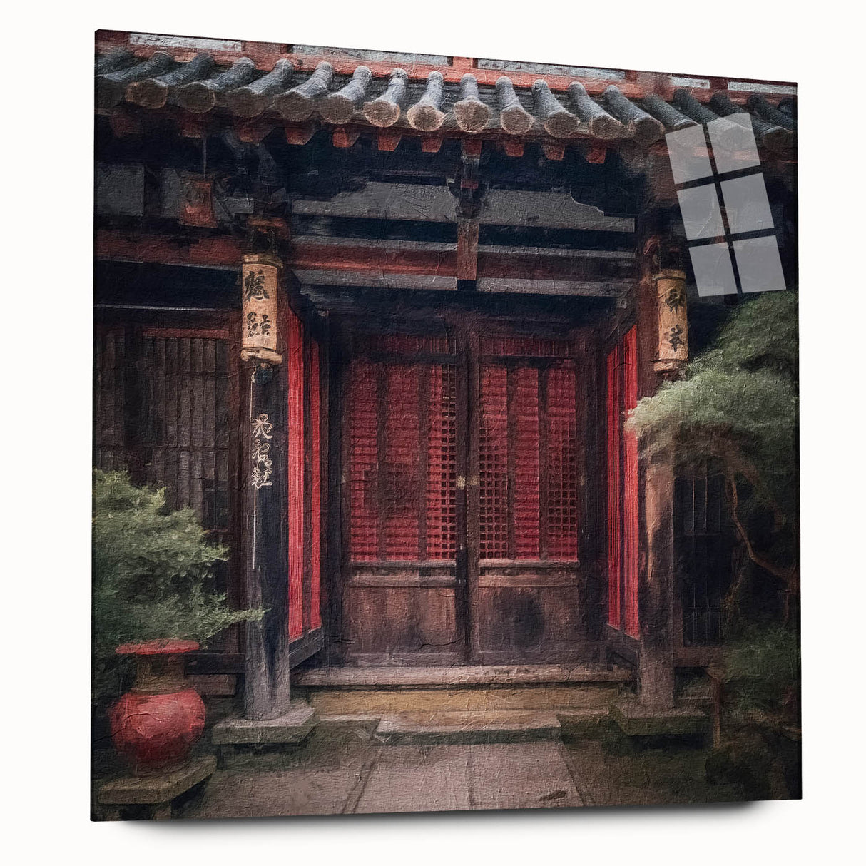 Acrylic print of a large abstract Japanese door design in neutral tones, ideal for bedroom or dining room art.