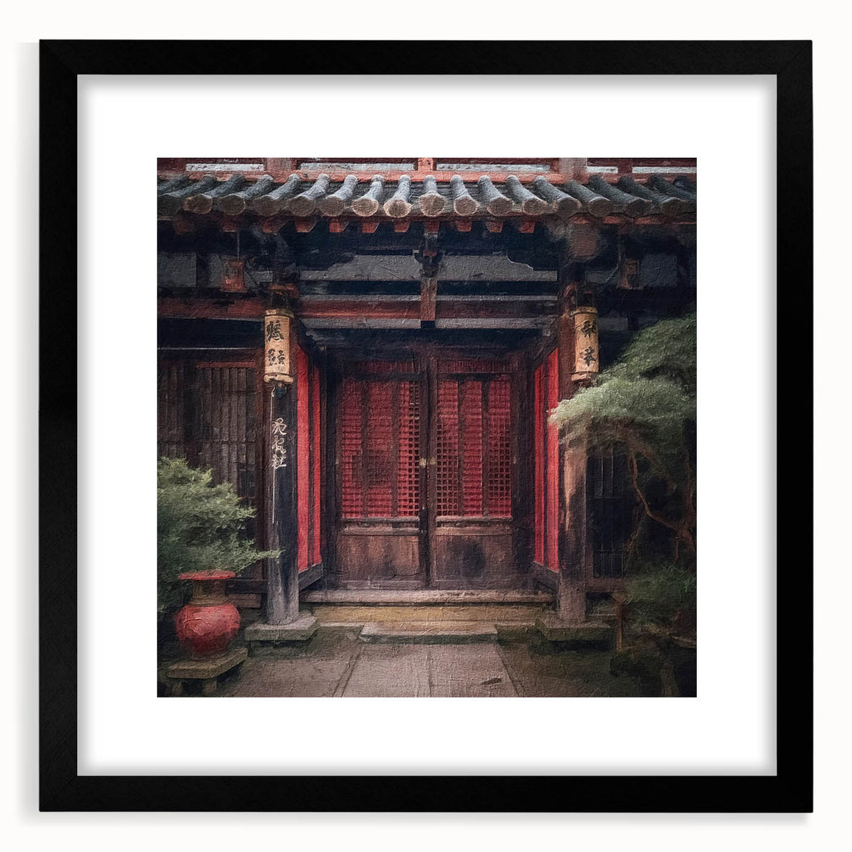 Extra large abstract art print featuring a colorful, textured depiction of a Japanese door, framed in black.