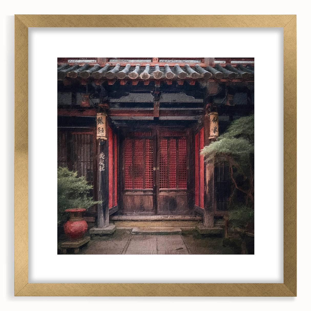 Extra large abstract art print of a textured Japanese door, in muted gold tones on a framed canvas.
