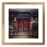 Extra large abstract art print of a textured Japanese door, in muted gold tones on a framed canvas.