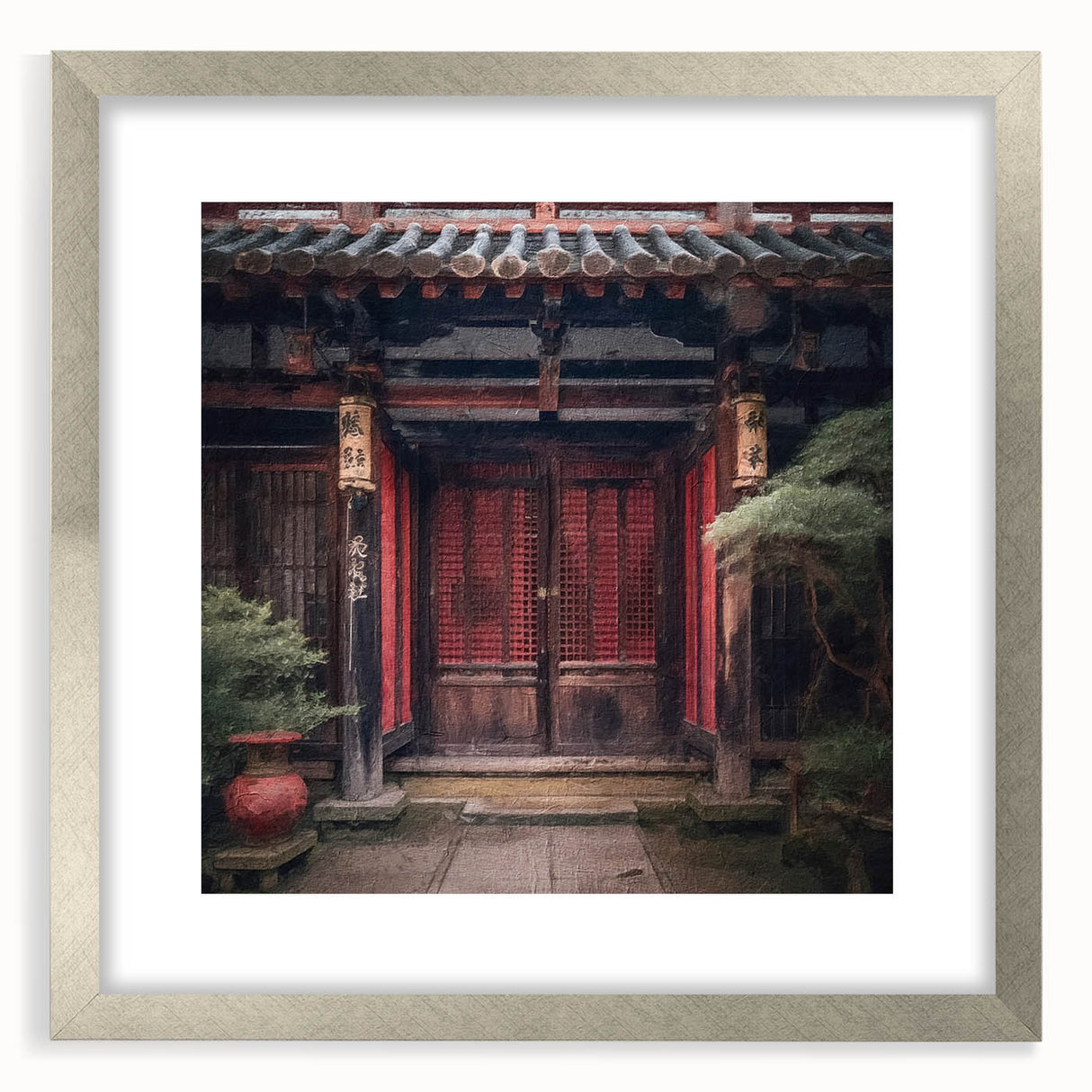 Textured art print of an abstract Japanese door design in muted earth tones, framed in silver, ideal for bedroom art.