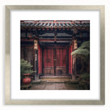 Textured art print of an abstract Japanese door design in muted earth tones, framed in silver, ideal for bedroom art.