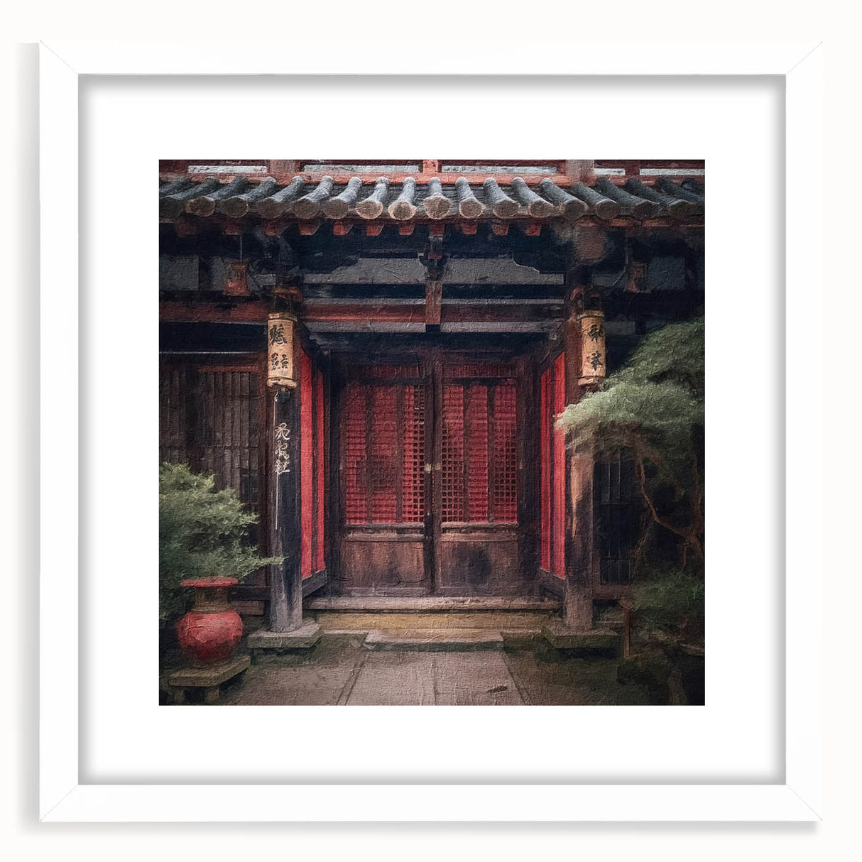 Abstract art print of a Japanese door in muted earth tones, framed with a white mat, suitable for dining room decor.