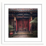 Abstract art print of a Japanese door in muted earth tones, framed with a white mat, suitable for dining room decor.