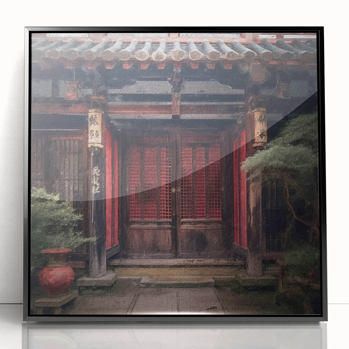 Large abstract wall art depicting a Japanese door, framed in black acrylic, in mid-century modernist style.