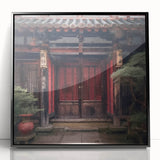 Large abstract wall art depicting a Japanese door, framed in black acrylic, in mid-century modernist style.