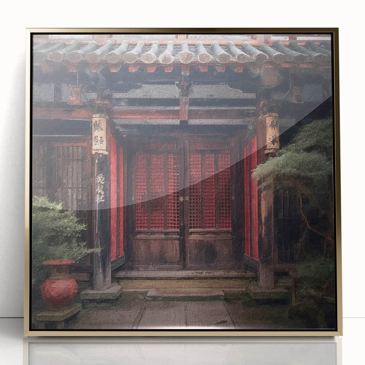 Mid-century modernist Japanese door design in acrylic print with gold frame, suitable for nursery wall art.