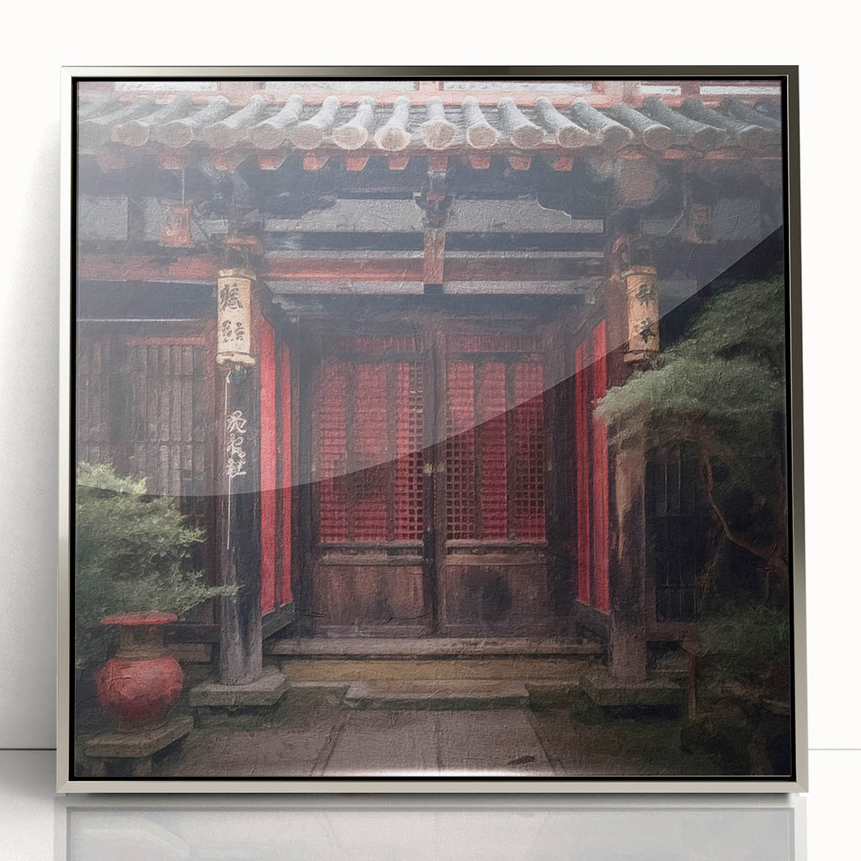 Mid-century modernist art depicting a Japanese door, in muted silver tones on a framed acrylic print.