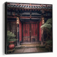 Black and white framed canvas featuring a vintage poster art style Japanese door, ideal for bedroom wall decor.