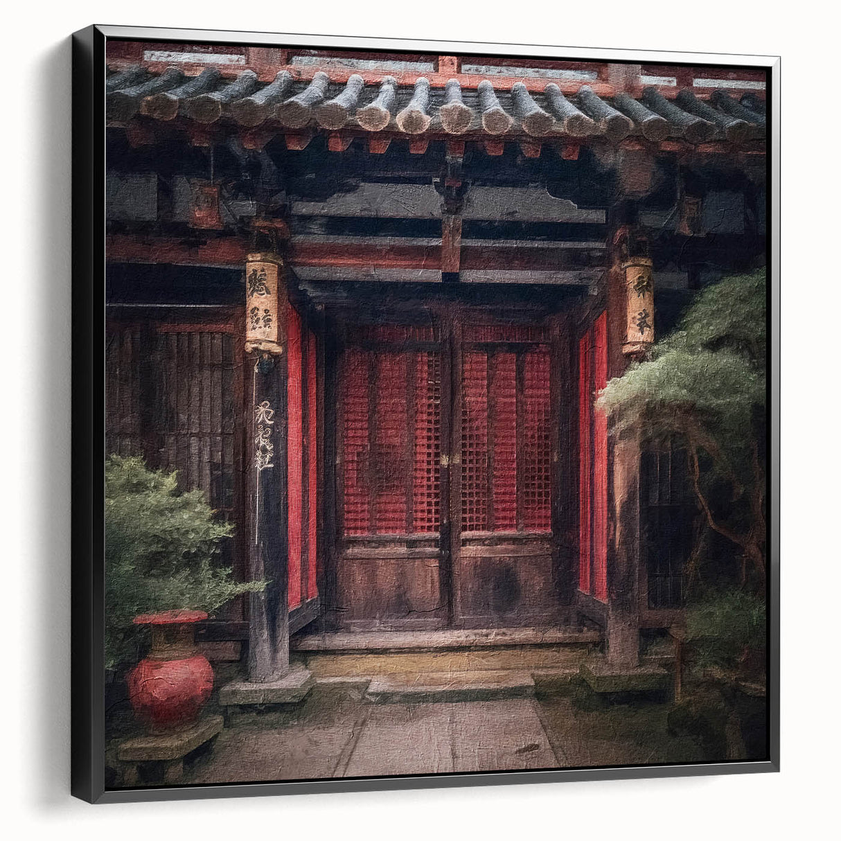 Black and white framed canvas featuring a vintage poster art style Japanese door, ideal for bedroom wall decor.