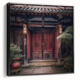 Black and white framed canvas featuring a vintage poster art style Japanese door, ideal for bedroom wall decor.