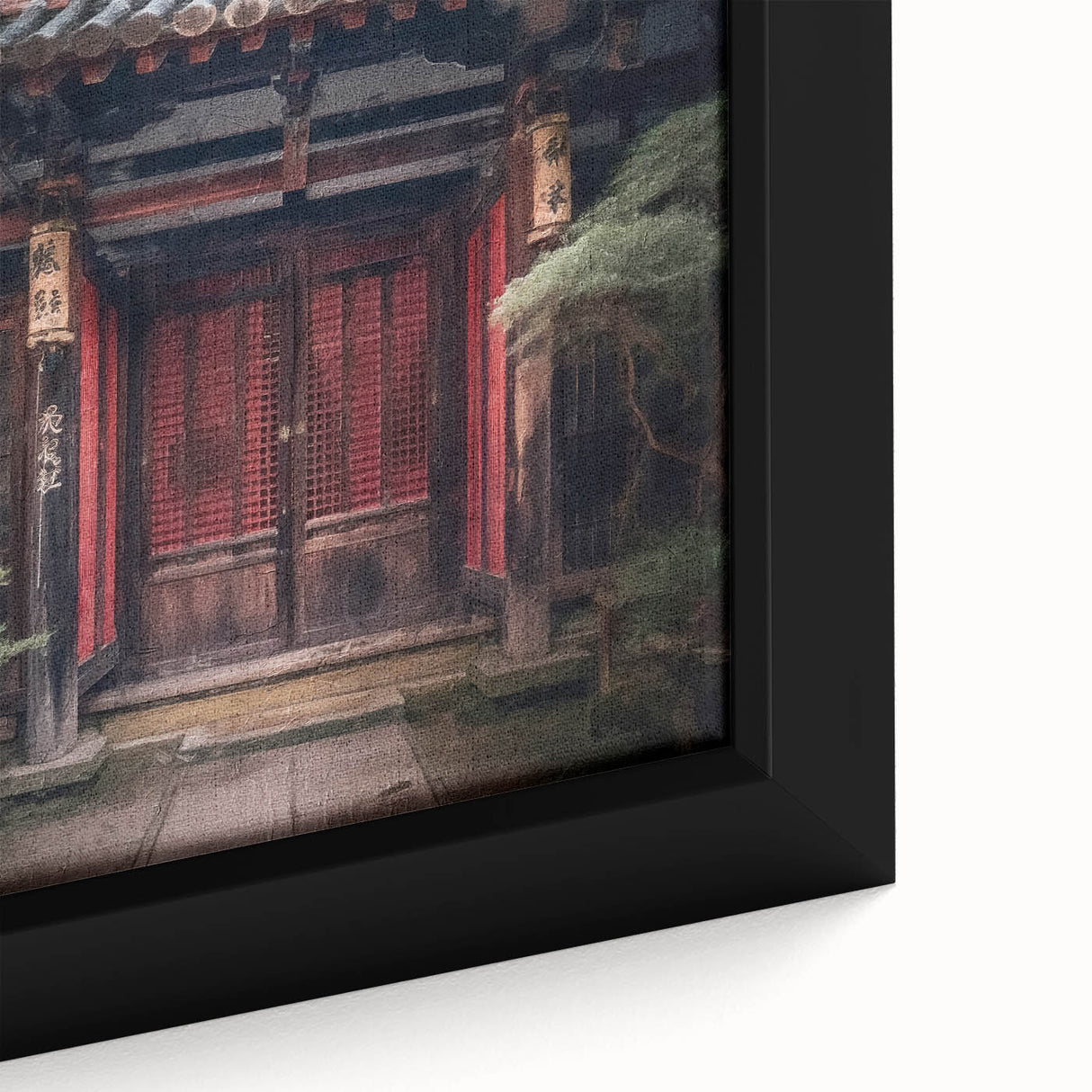 Close-up of a framed canvas featuring a textured black door with colorful, abstract Japanese motifs.