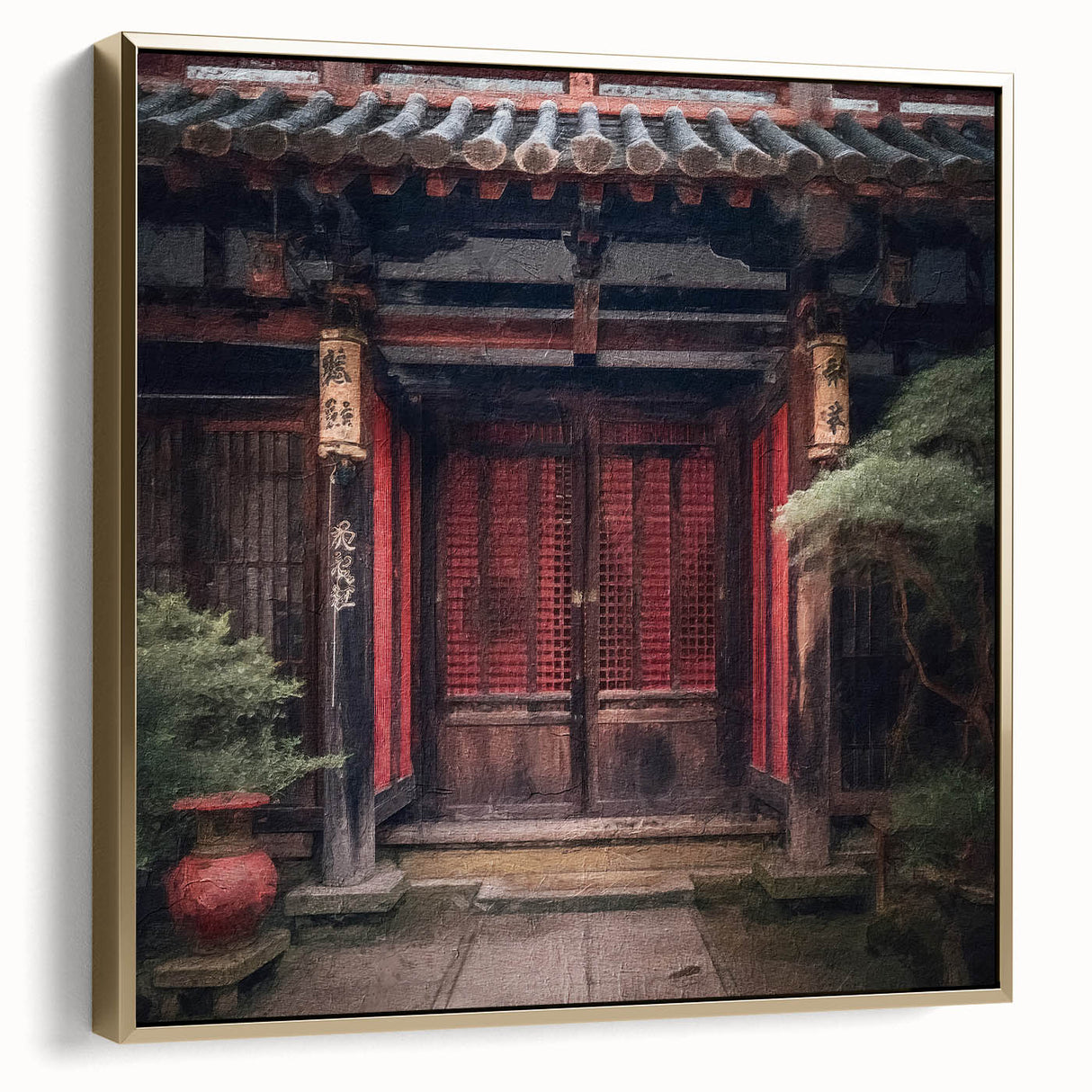 Framed canvas of a vintage-style Japanese door in silver and gold tones, ideal for bedroom wall art.