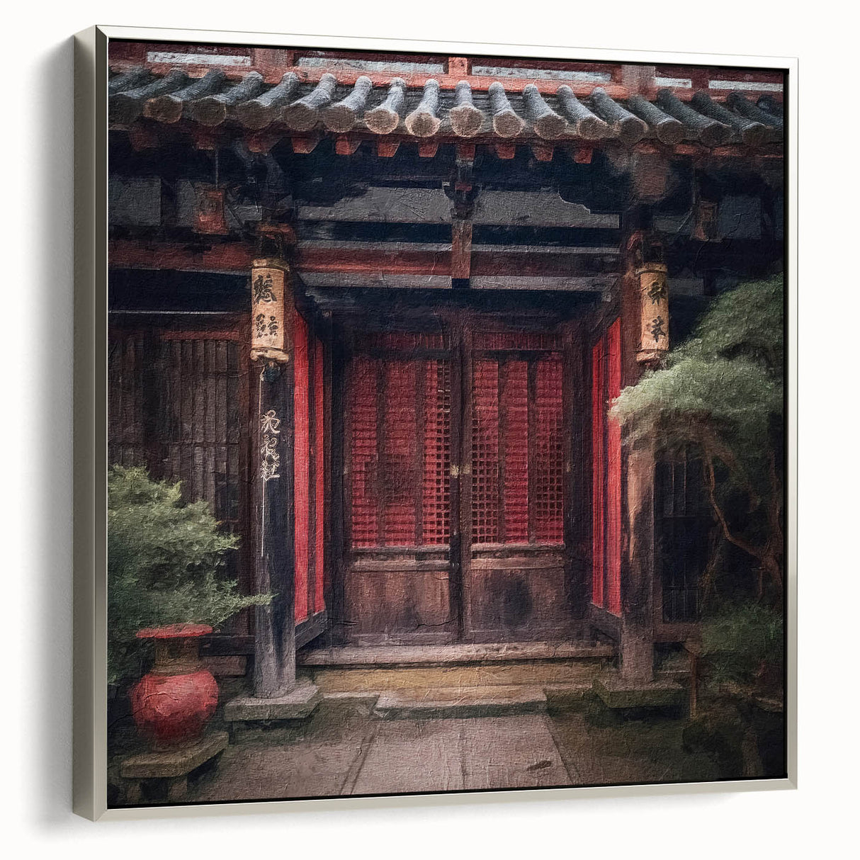 Framed canvas featuring a vintage Japanese door design in black with colorful art accents.