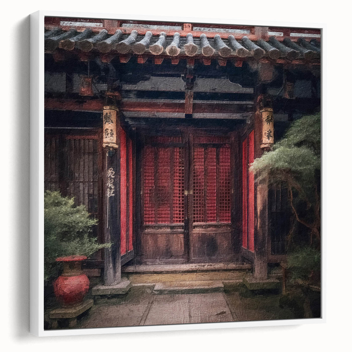 Vintage poster art of a Japanese door design on a framed canvas, featuring black and colorful art.