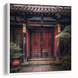 Vintage poster art of a Japanese door design on a framed canvas, featuring black and colorful art.