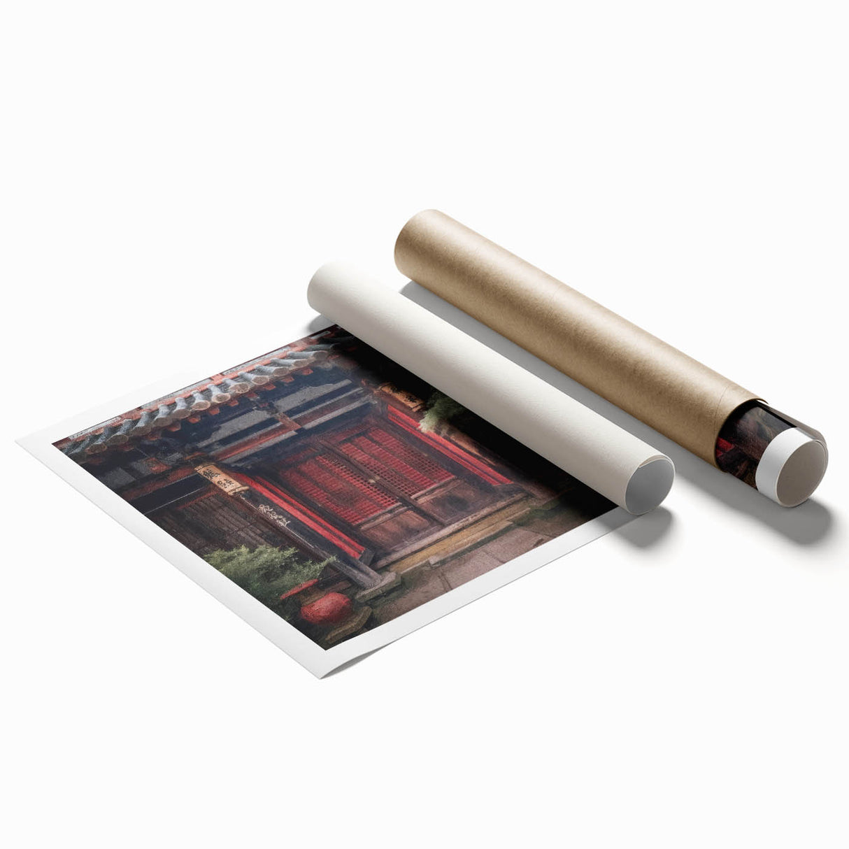 Extra large rolled print featuring a Japanese door design with floral motifs in muted earth tones.