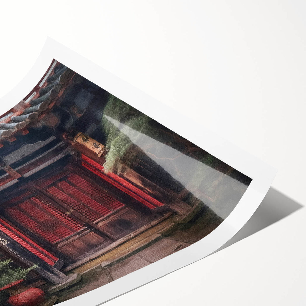 Extra large rolled print featuring line art flowers on a Japanese door, in muted earth tones.