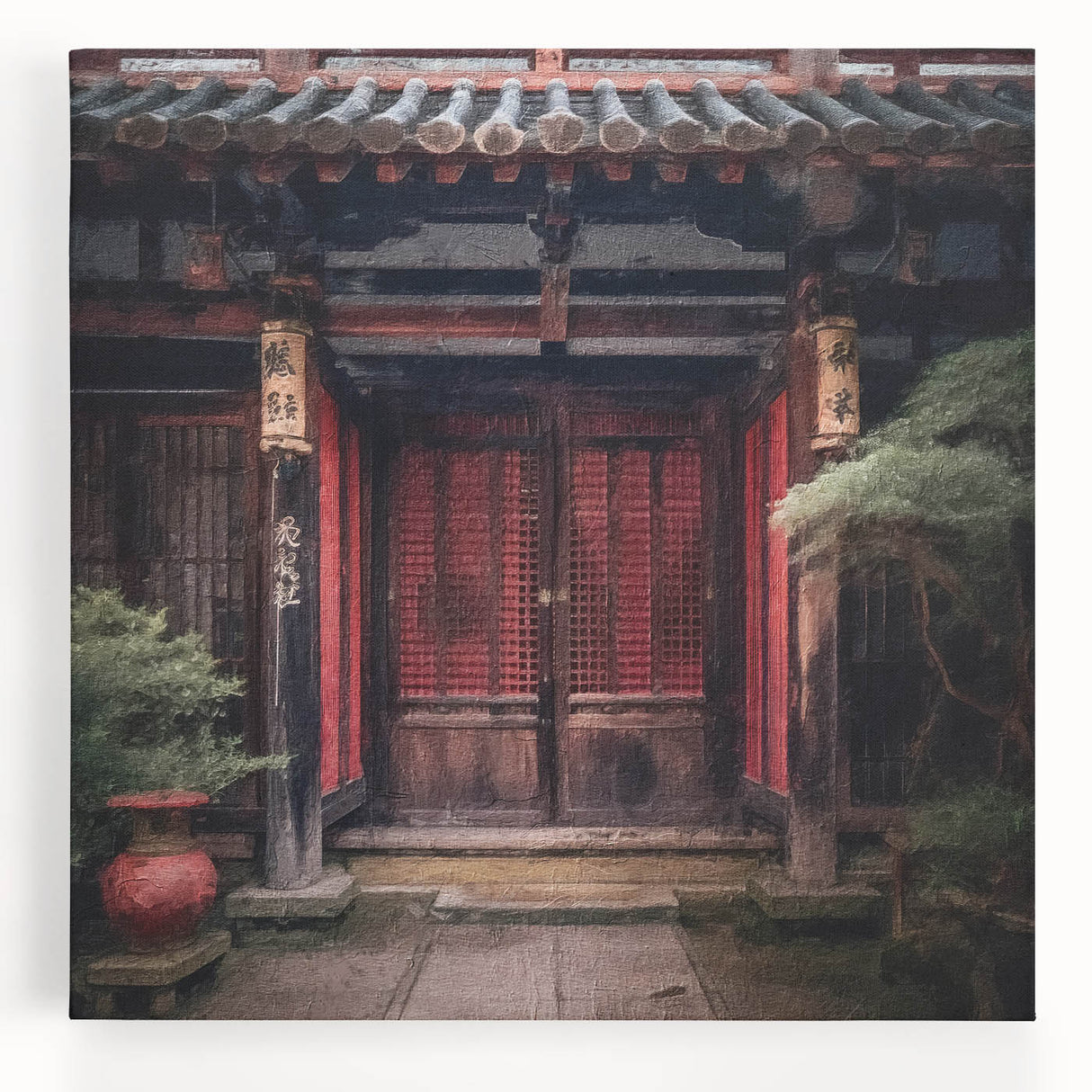Black and white photo of a traditional Japanese door on stretched canvas, suitable for kitchen art.