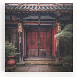 Black and white photo of a traditional Japanese door on stretched canvas, suitable for kitchen art.