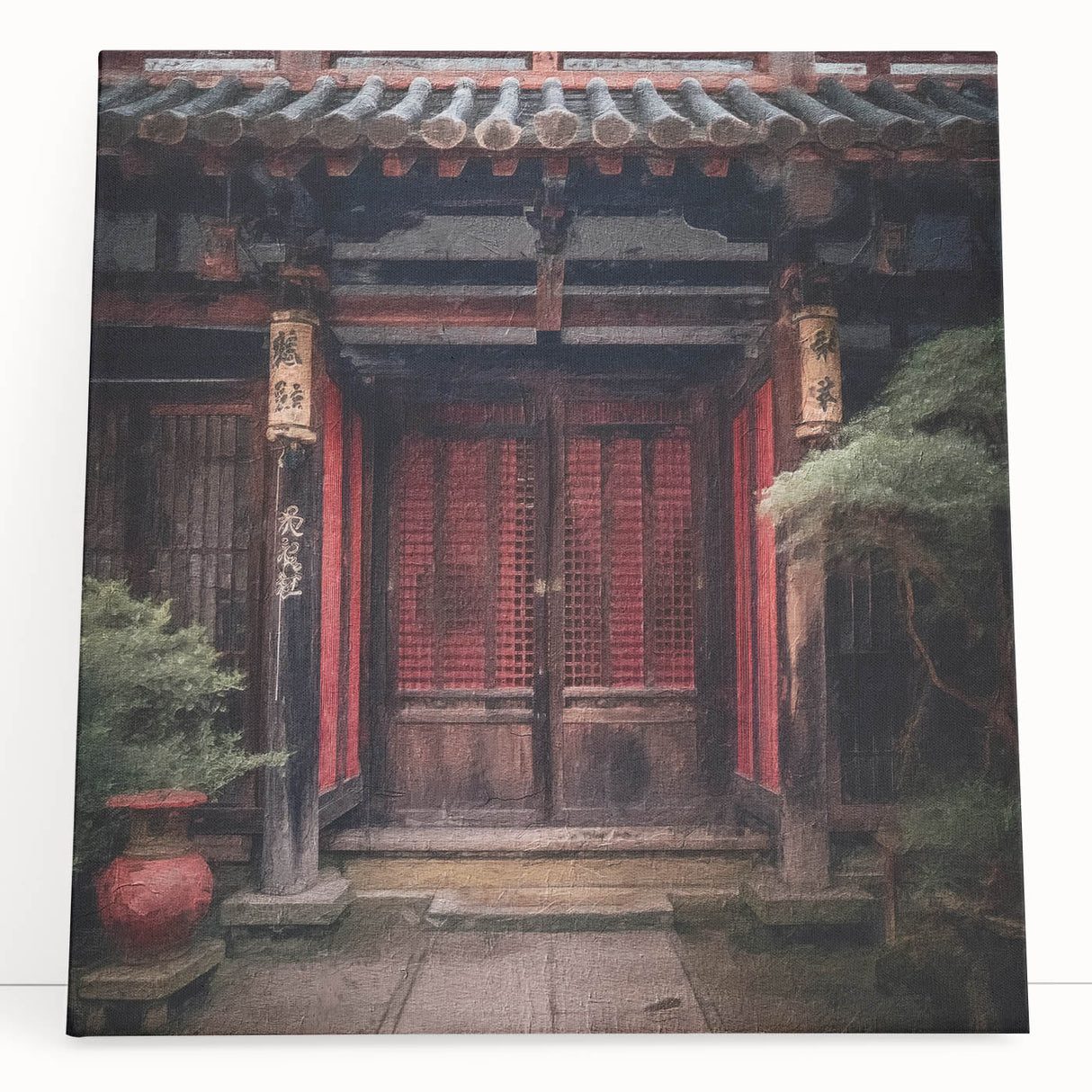Black and white photo of a Japanese door on stretched canvas, suitable as kitchen wall art or for bedroom ambiance.
