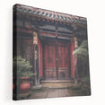 Japanese architecture door design on stretched canvas, subtle earth tones, suited for kitchen wall art.