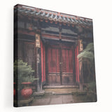 Japanese architecture door design on stretched canvas, subtle earth tones, suited for kitchen wall art.