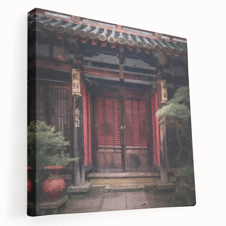 Japanese architecture door design on stretched canvas, subtle earth tones, suited for kitchen wall art.