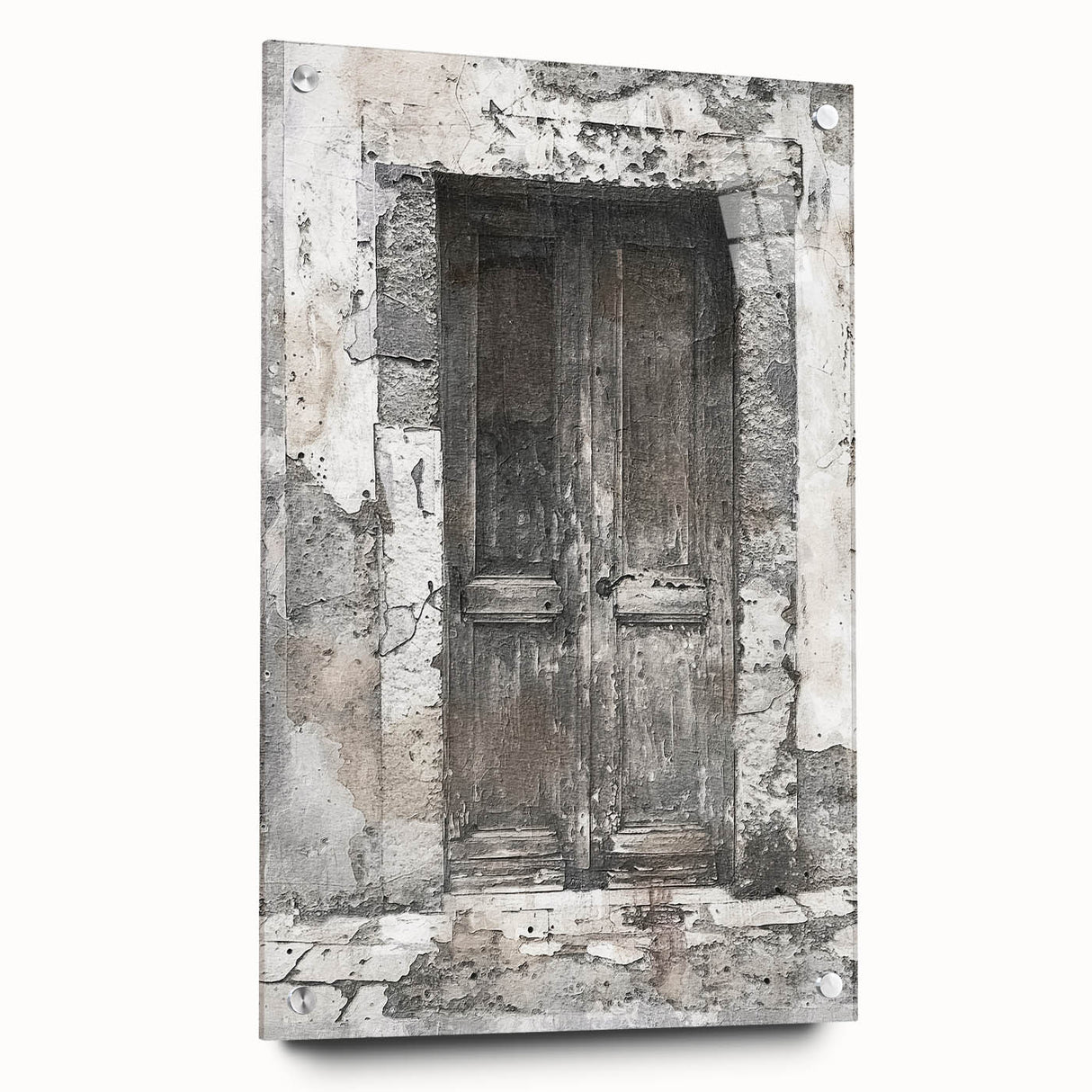Rustic Italian door design on acrylic glass, featuring earthy tones, perfect for dining room decor.