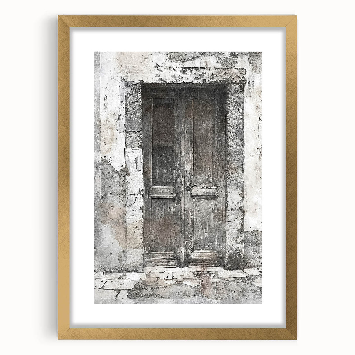 Extra large rustic Italian door architecture print in a gold frame with mat, textured abstract art.