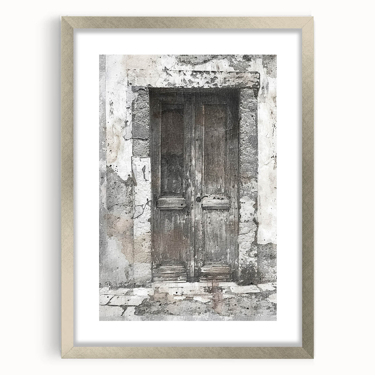 Textured art print of a rustic Italian door in muted earth tones, framed with a silver mat, ideal for bedroom decor.